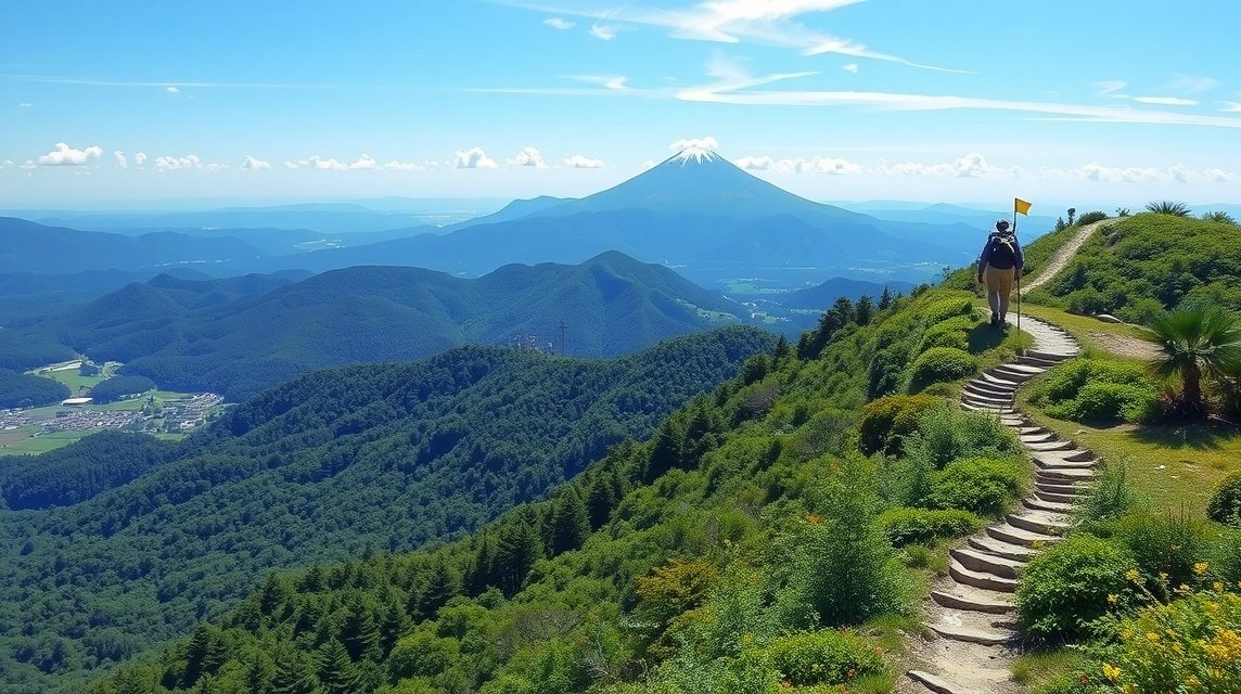 Túrázó a Bandai-hegyen, háttérben a lélegzetelállító táj