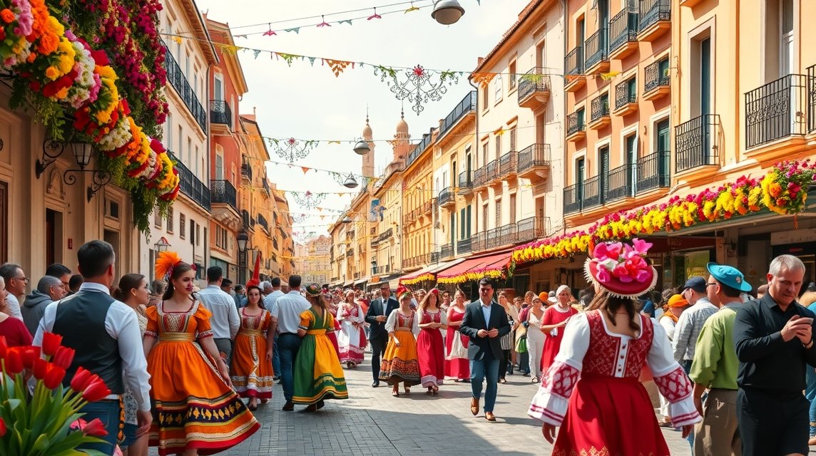 A Bando de la Huerta fesztivál élénk felvonulása Murcia városában.