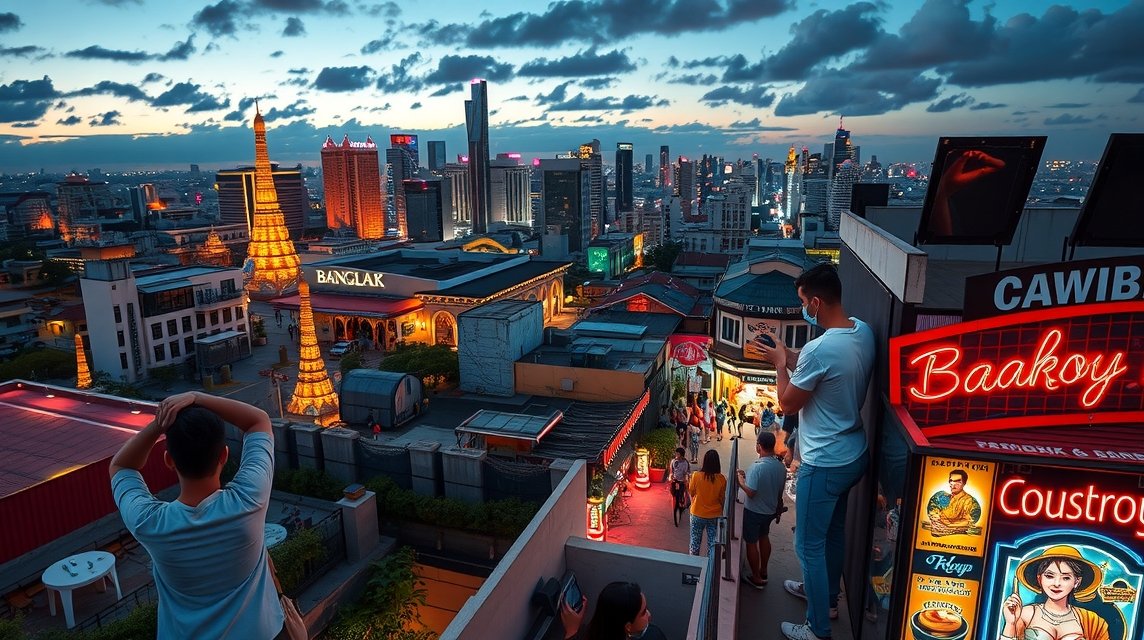 Panorámás kilátás Bangkok éjjeli fényeire rooftop bárról