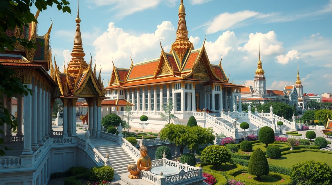 A Királyi Palota gyönyörű építészete Bangkokban, zöld kertekkel.