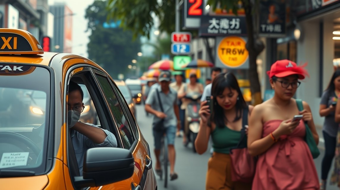 Bangkok utcai jelenet taxisokkal és turistákkal.