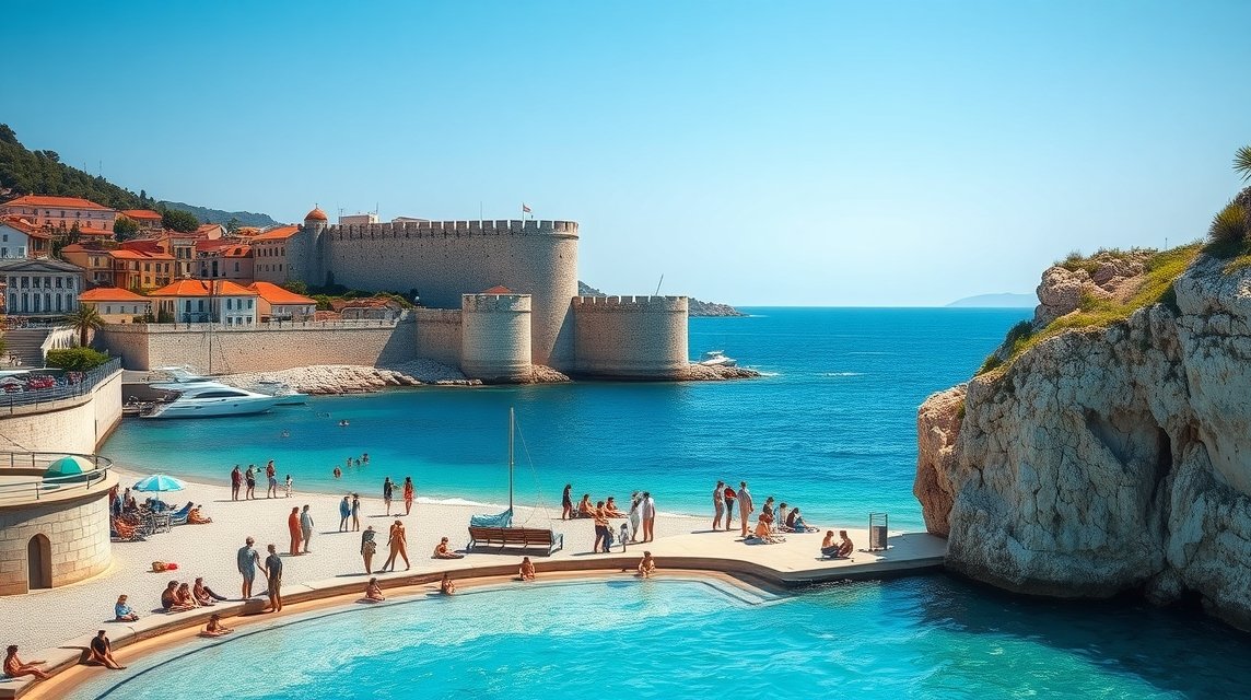 Banje strand látképe Dubrovnikban, fehér homok és történelmi falak.