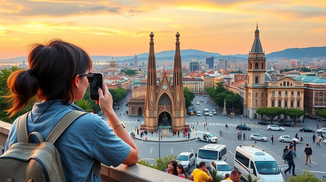 Nézőpont Barcelona városára a sunset alatt, látható a gótikus stílusú építészet.