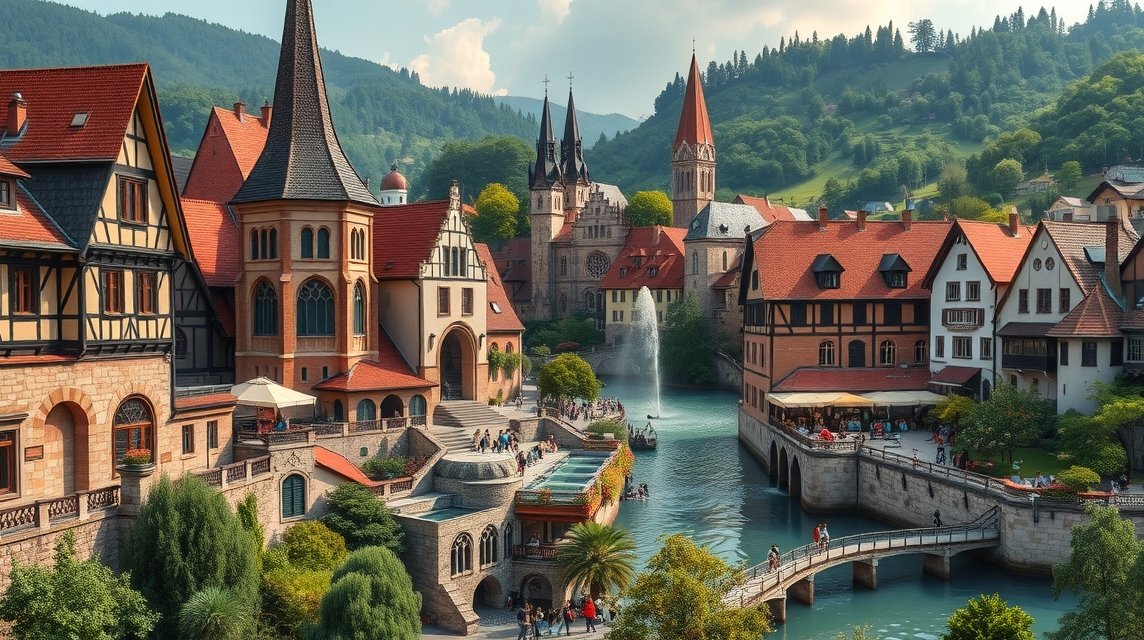 Bártfa gótikus városképe, híres gyógyfürdő forrásaival és építészetével.