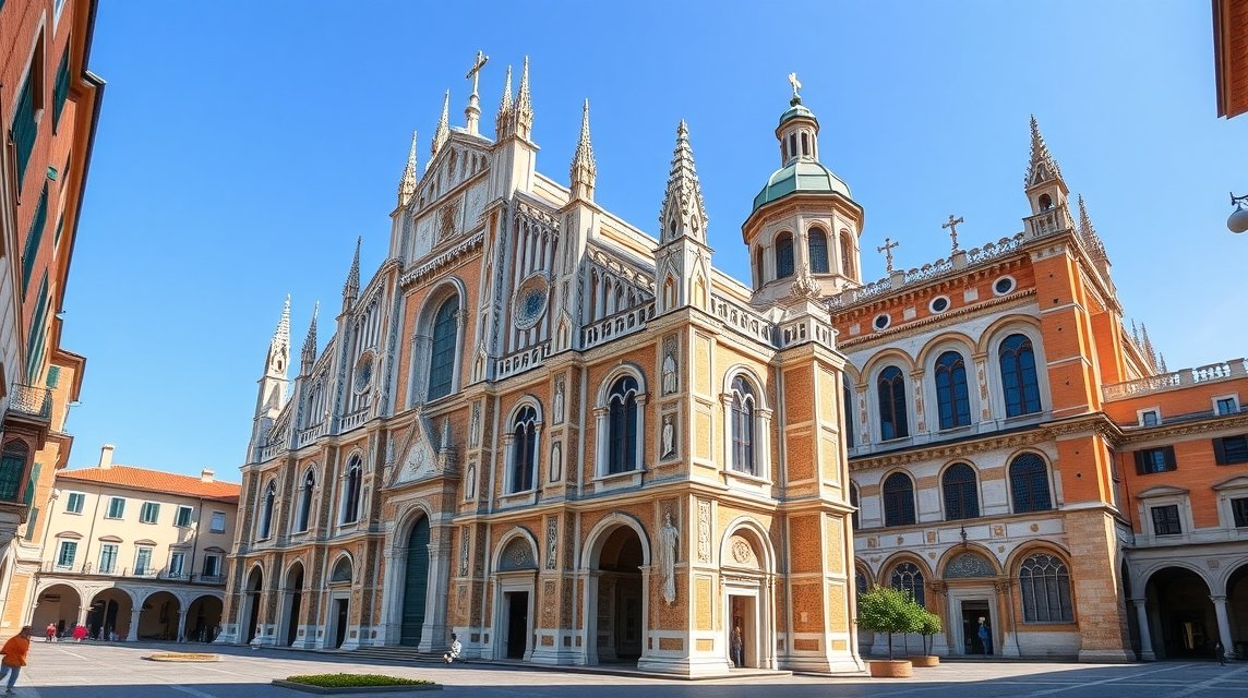 Basilica di Sant’Ambrogio impozáns homlokzata Milánóban