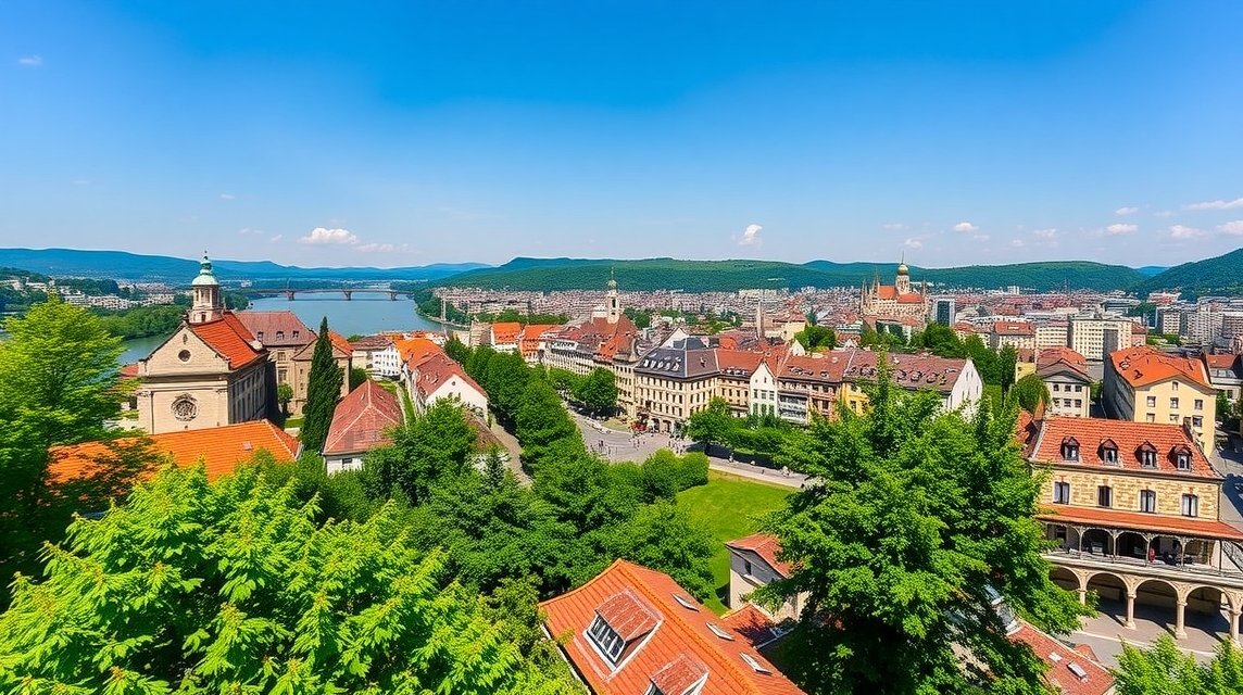 Kilátás Bázel városára a Pfalz teraszról, Rajnával és óvárossal