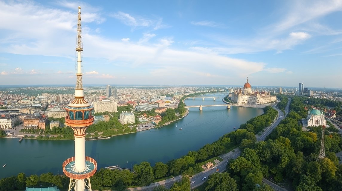 Kilátás a Duna-toronyból Bécs városára és a Dunára