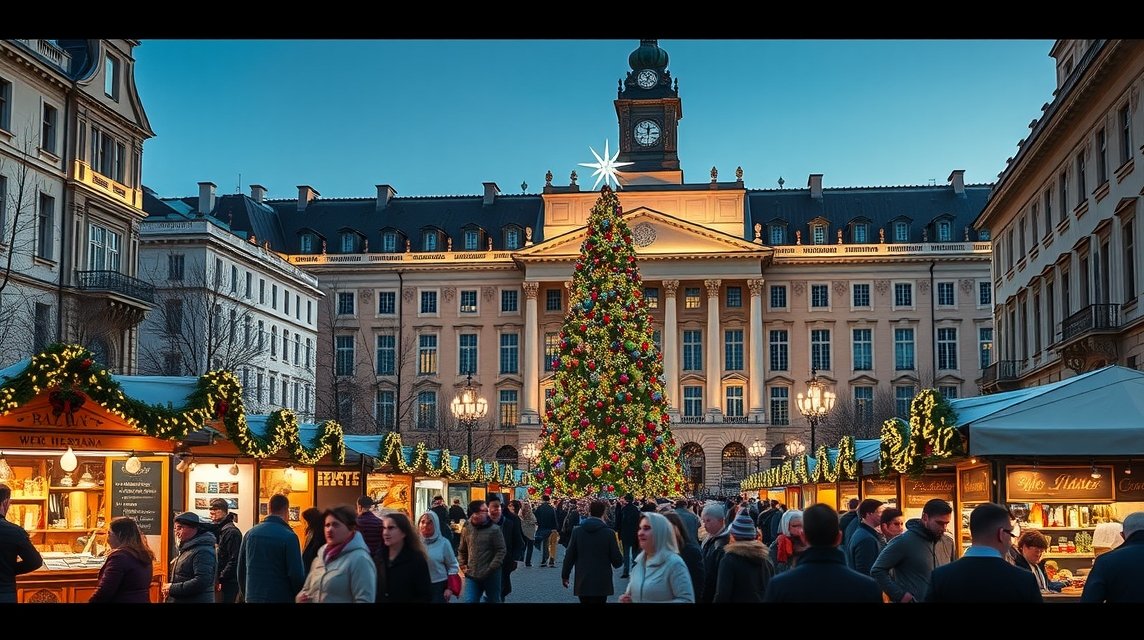 Bécsi karácsonyi vásár a Rathausplatzon, díszfával és látogatókkal.