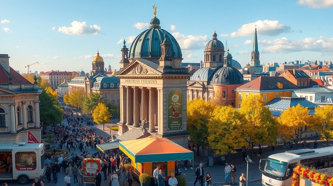 Berlin városkép őszi időjárásban, zsúfolt sétálóutcával és épületekkel.