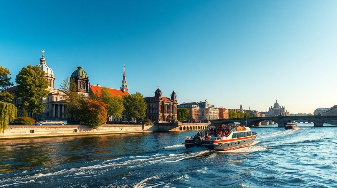 Hajózás a Spree folyón Berlinben, népszerű látnivalók, gyönyörű kilátás.
