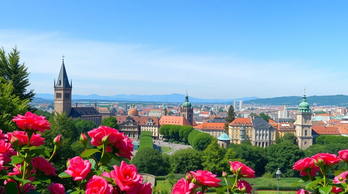 Kilátás Bern városára a Rózsakertből, virágokkal az előtérben.
