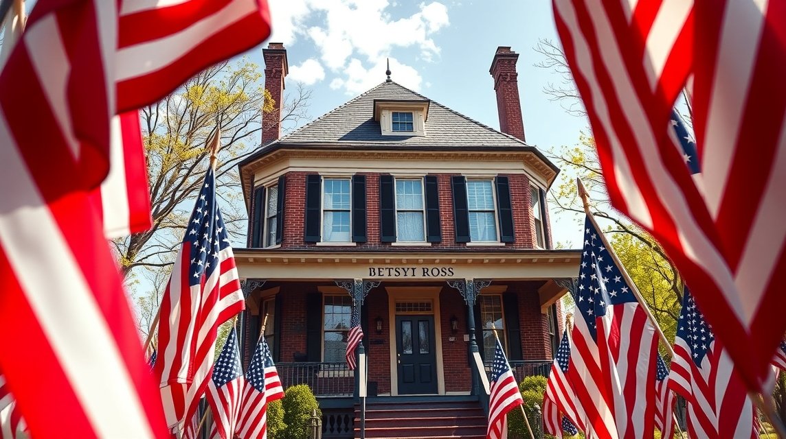 Betsy Ross háza Philadelphiában, az amerikai zászló történetével.