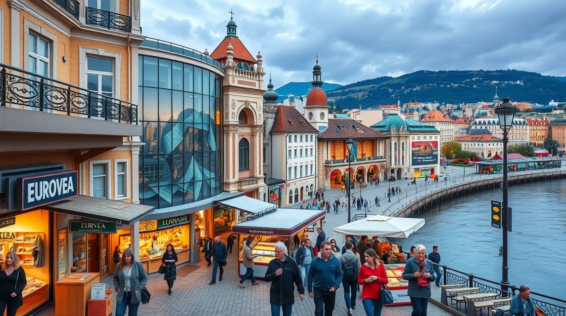 Eurovea bevásárlóközpont a Duna partján Pozsonyban