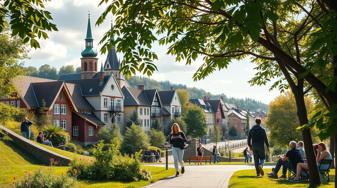 Bielefeld egyetemváros zöldövezetben, történelmi épületekkel és sétányokkal.