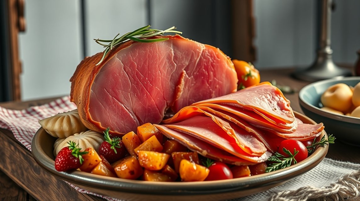 Füstölt Vesztfáliai sonka és burgonyás Pickert ételek Bielefeldből.