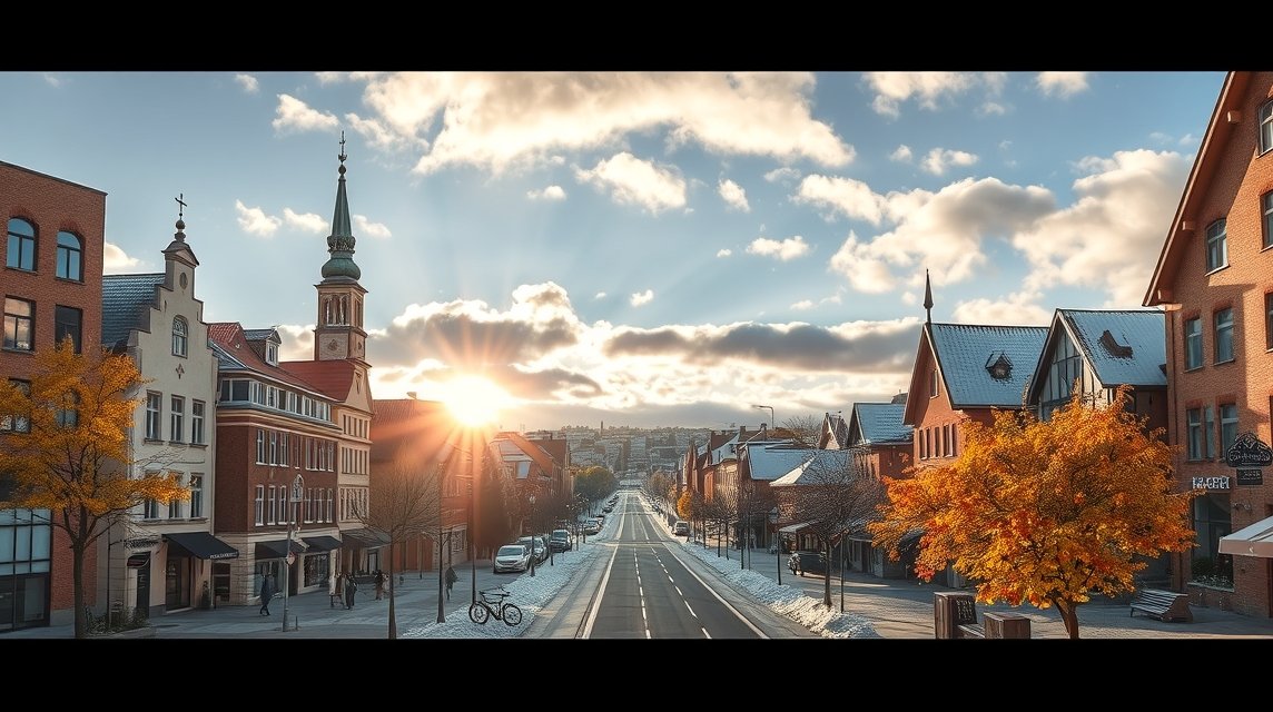 Bielefeld utcája napsütésben, ősszel színes fák között