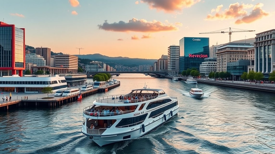 Hajókázás a Nervión folyón Bilbaóban, gyönyörű városi kilátással.