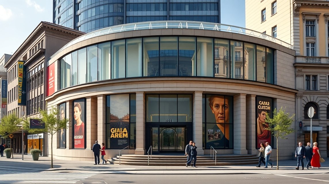 A Bilbao Szépművészeti Múzeum modern épülete, látogatók a bejáratnál.