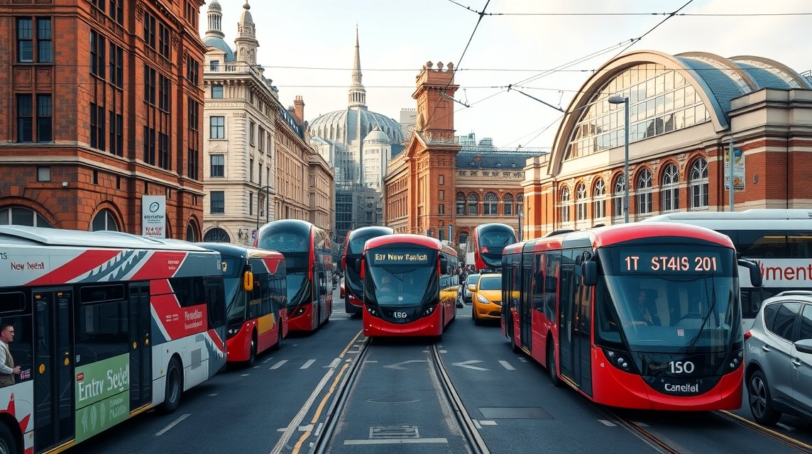Birmingham közlekedési jelenet, buszok a New Street közelében
