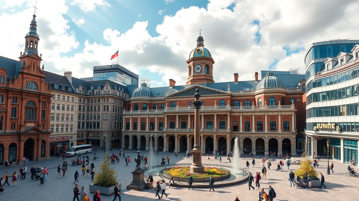 Birmingham belvárosa, Victoria Square és a Városháza impozáns építményei.