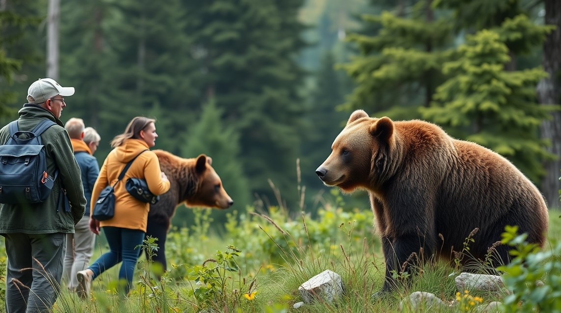 Csoport emberek a vadonban medvékkel Dél-Szlovéniában