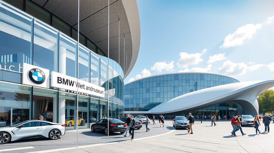 BMW Welt épülete és látogatók Münchenben, Németországban.