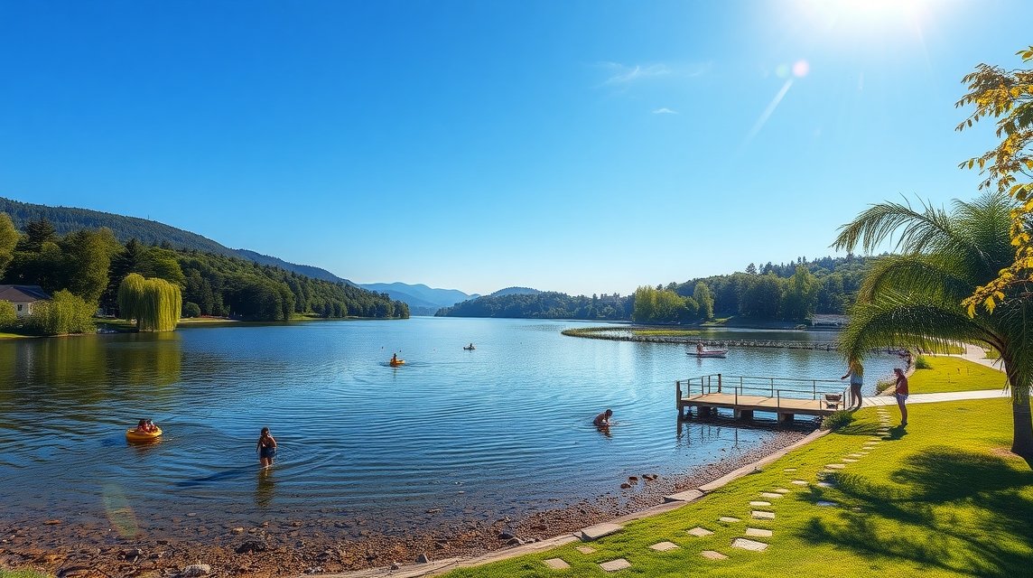 Boleveci tavak szép napos időben, emberek csónakáznak és fürdenek.