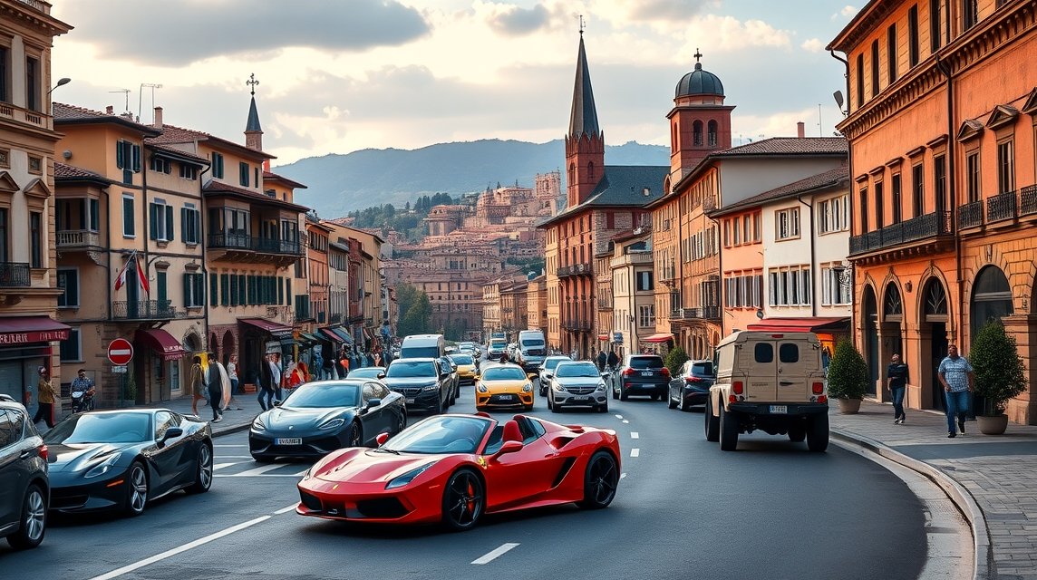 Bologna utcáján sportautók, köztük Ferrari és Lamborghini