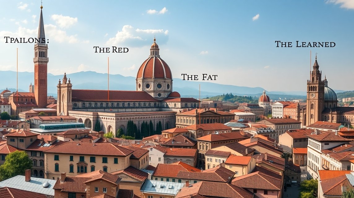 Bologna város látképe, a Vörös, a Kövér és a Tudós becenevekkel.