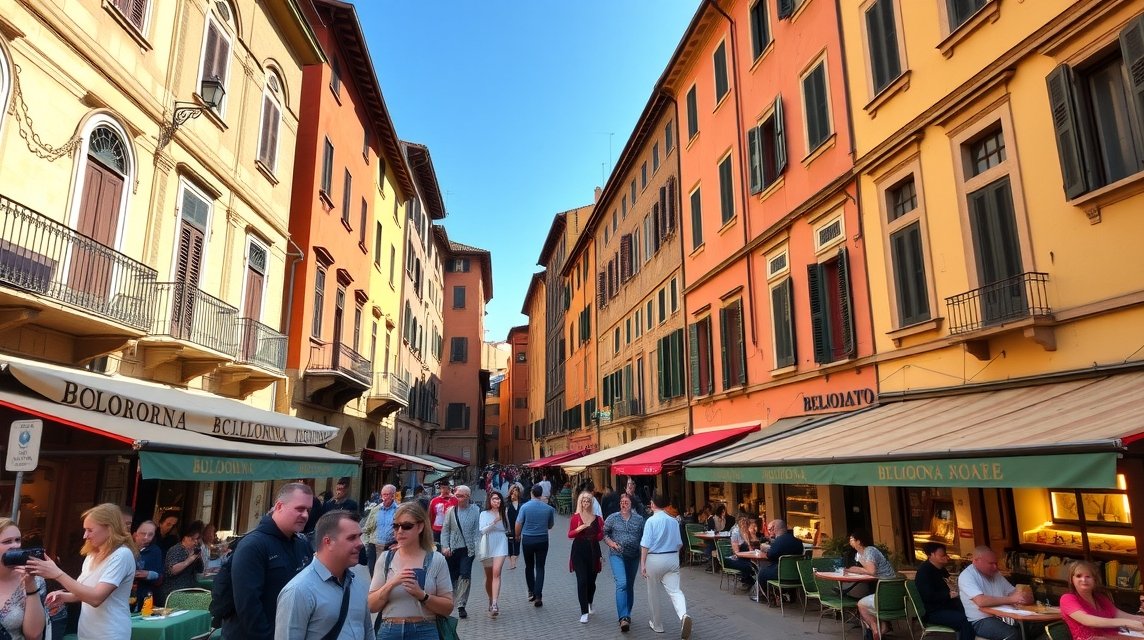 Bologna Egyetemi negyedének hangulatos utcája kávéházakkal.