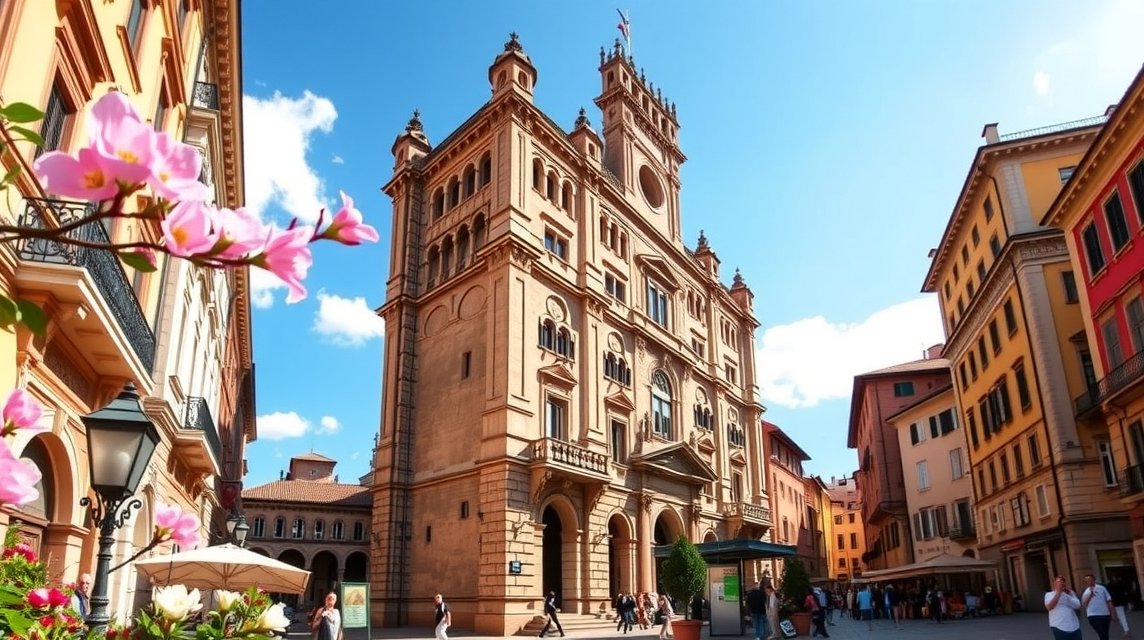 Bologna város látképe napos időben, virágokkal az utcán.