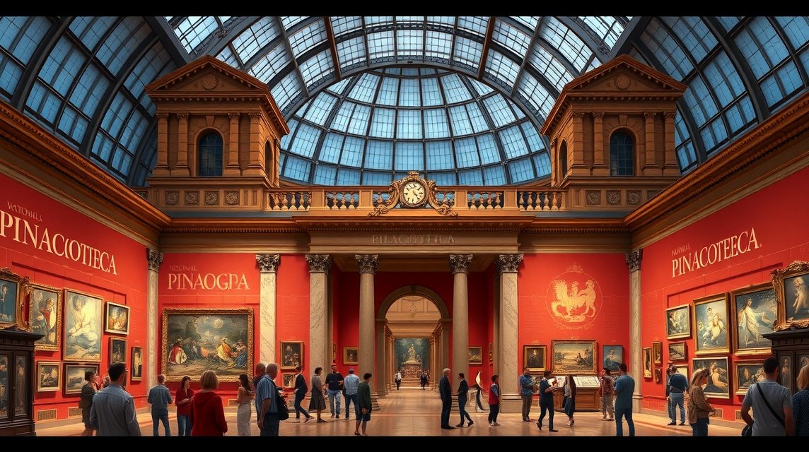 Bologna látnivalók - Nemzeti Pinakotéka (Képtár) 1 Bologna Nemzeti Képtára belső tere, festmények és látogatók