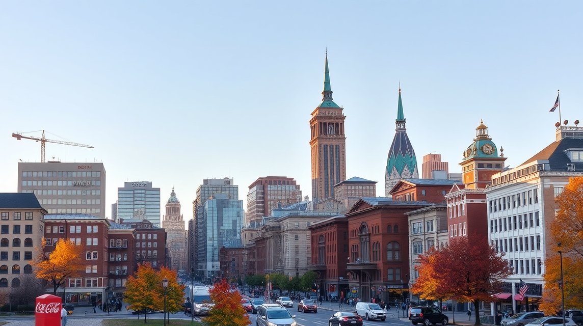 Boston városának látképe őszi falevelekkel.