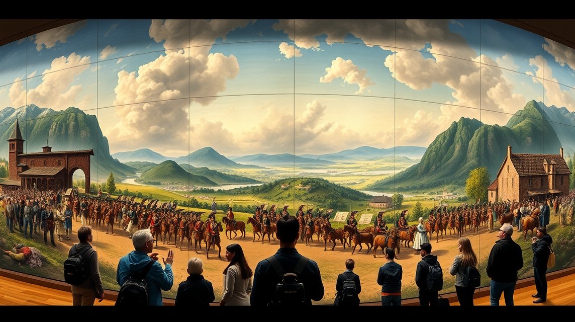 Látogatók a Bourbaki Panoráma 360°-os körkép előtt Luzernben.