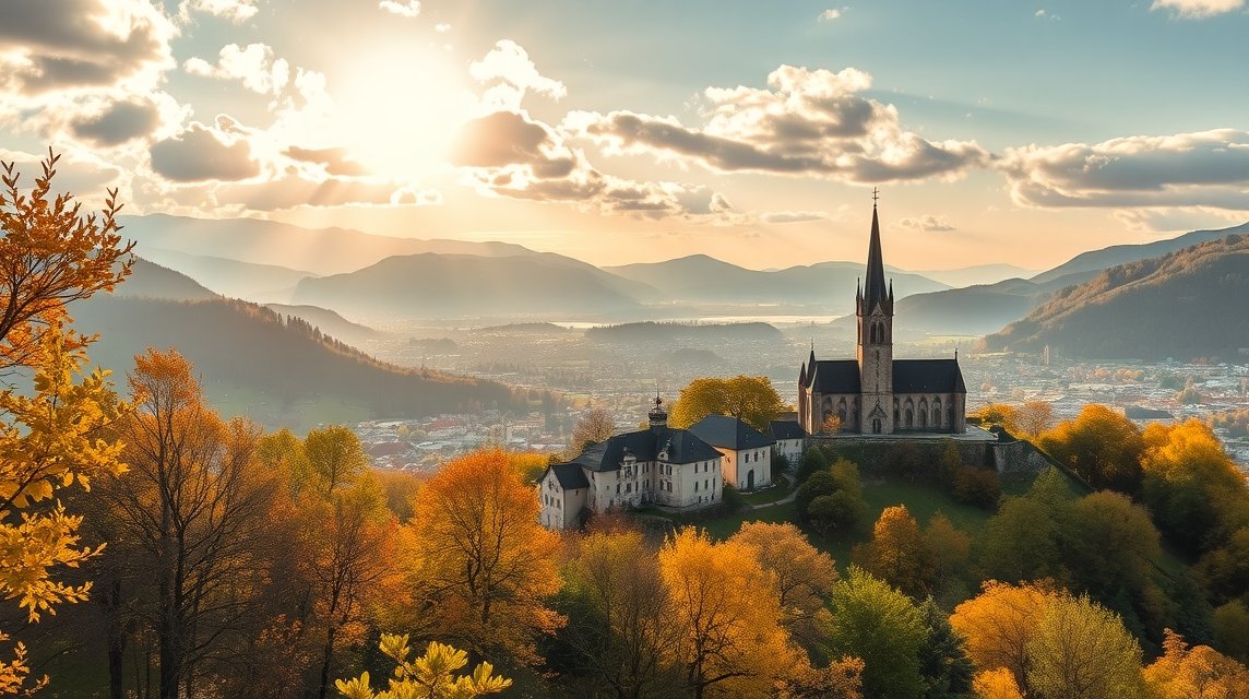 Brassói tájkép ősszel, templommal és naplementével
