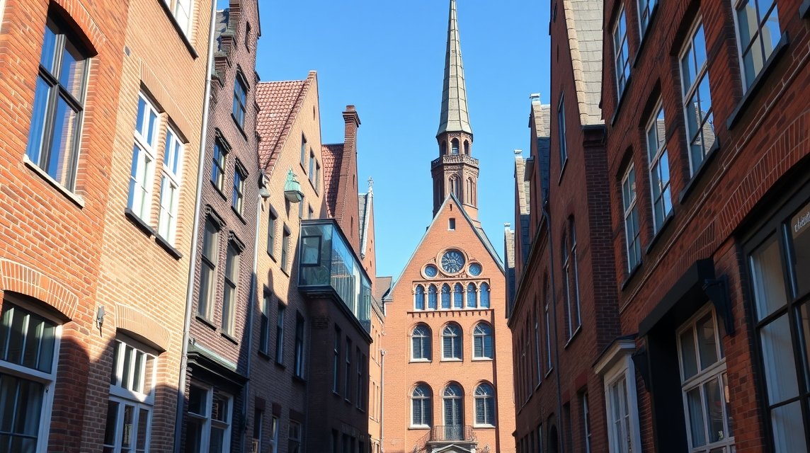 Böttcherstraße látképe Brémában, vöröstégla épületekkel és tornyokkal.