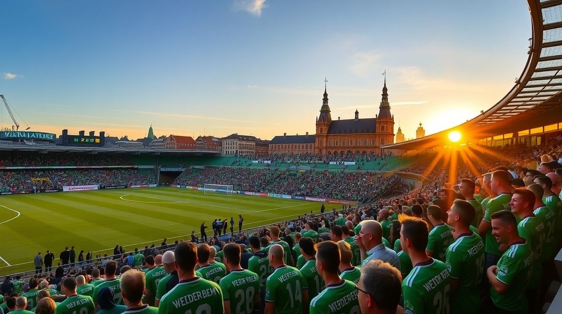 Werder Bremen stadion a naplementében, lelkes szurkolókkal.