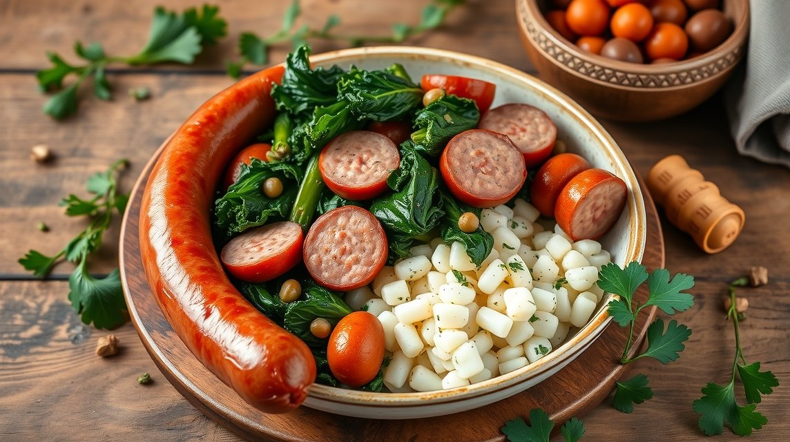 Kohl und Pinkel: füstölt kolbász és zöldségek ízletes kombinációja