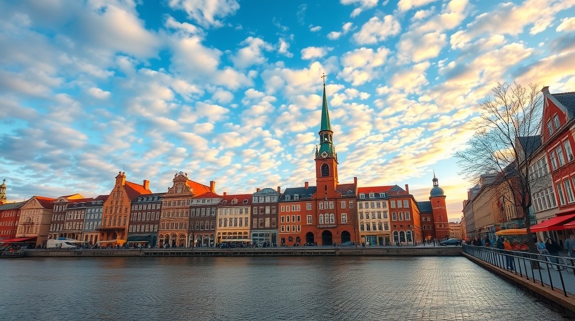 Bréma város látképe a folyóparton, gyönyörű felhők és naplemente alatt.