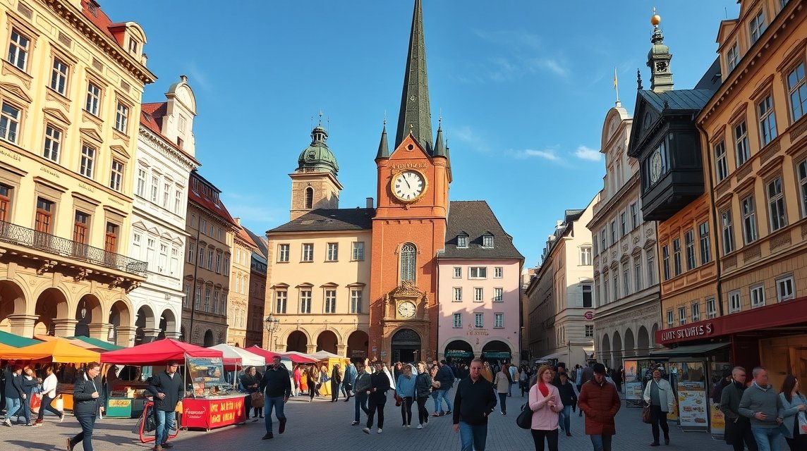 Szabadság tér, Brno nyüzsgő városi élet és piac