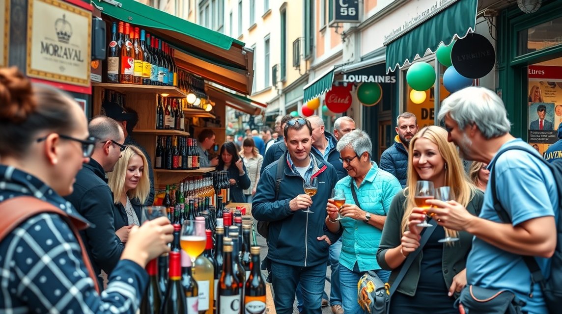 Emberek borokat és söröket kóstolnak Brnóban egy piacon.