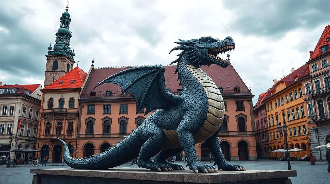 Brnói sárkány a Régi Városházánál, Brno, Csehország