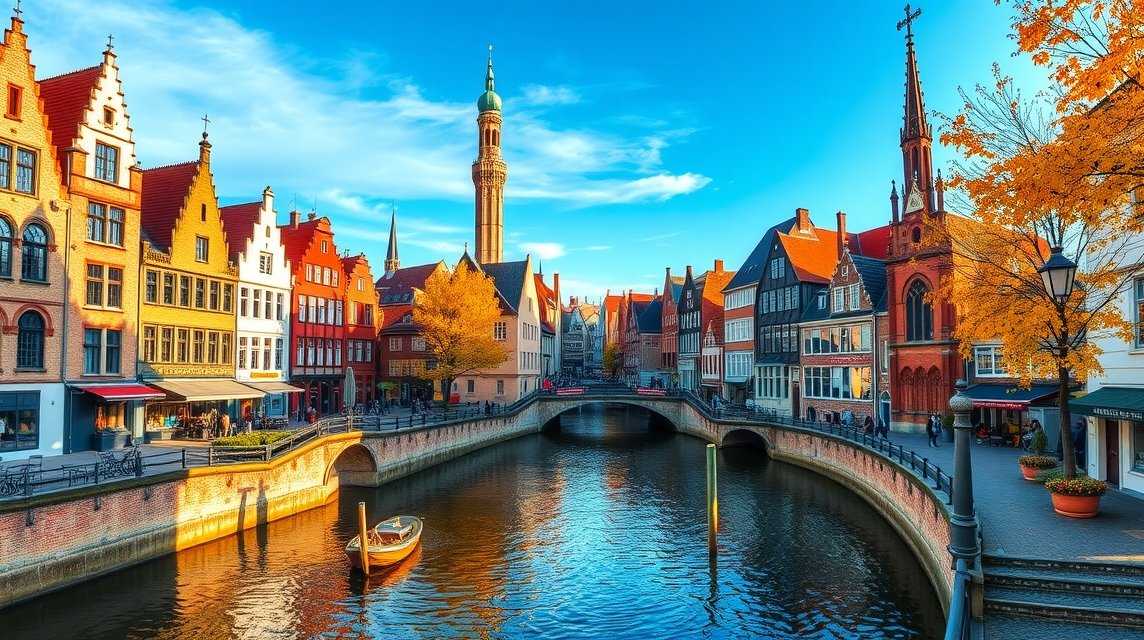 Brugge csatornája és történelmi házak késő őszi időszakban