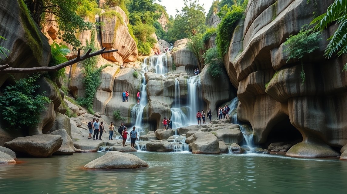 Bua Tong tapadós vízesés Chiang Mai-ban, látogatók a víz mellett.