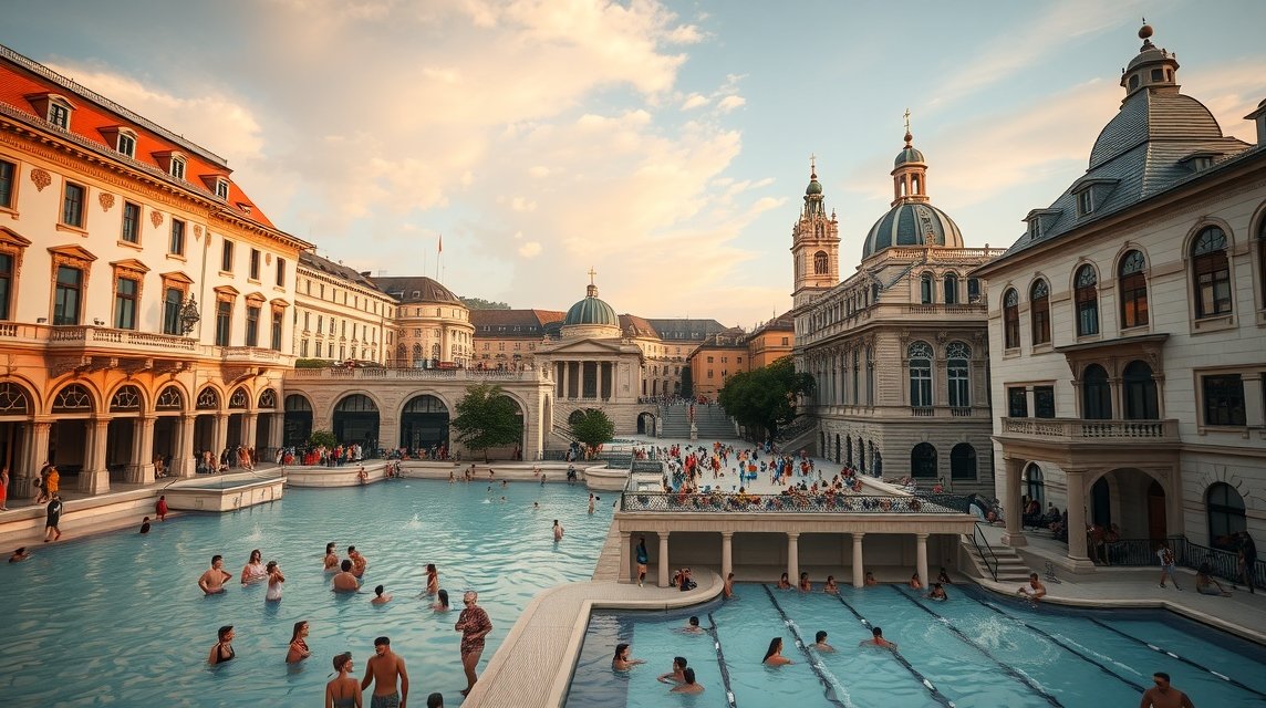 Budapesti fürdő, naplementében, turistákkal az uszodában