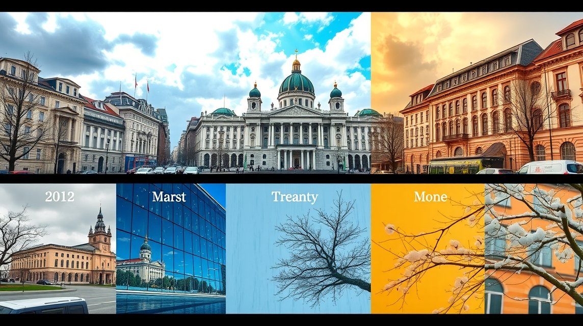 Bukarest városképek különböző évszakokban és időjárási viszonyokban.