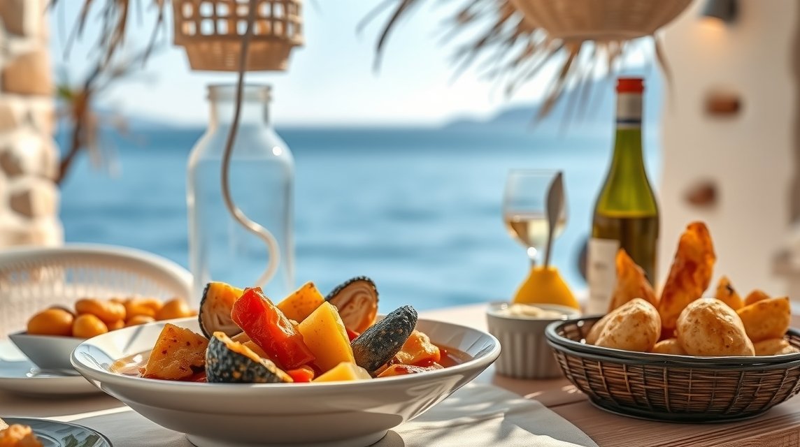 Bullit de Peix halétel tálalva tengerparti étteremben Ibizán.