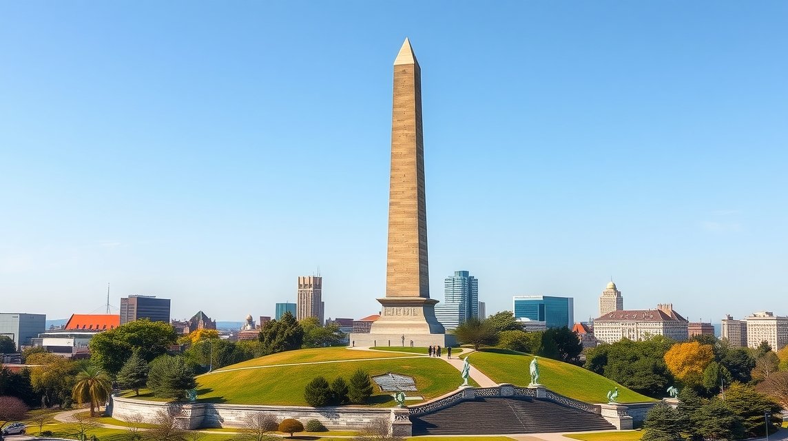 Bunker Hill emlékmű Boston városában, obeliszk és zöld domb.