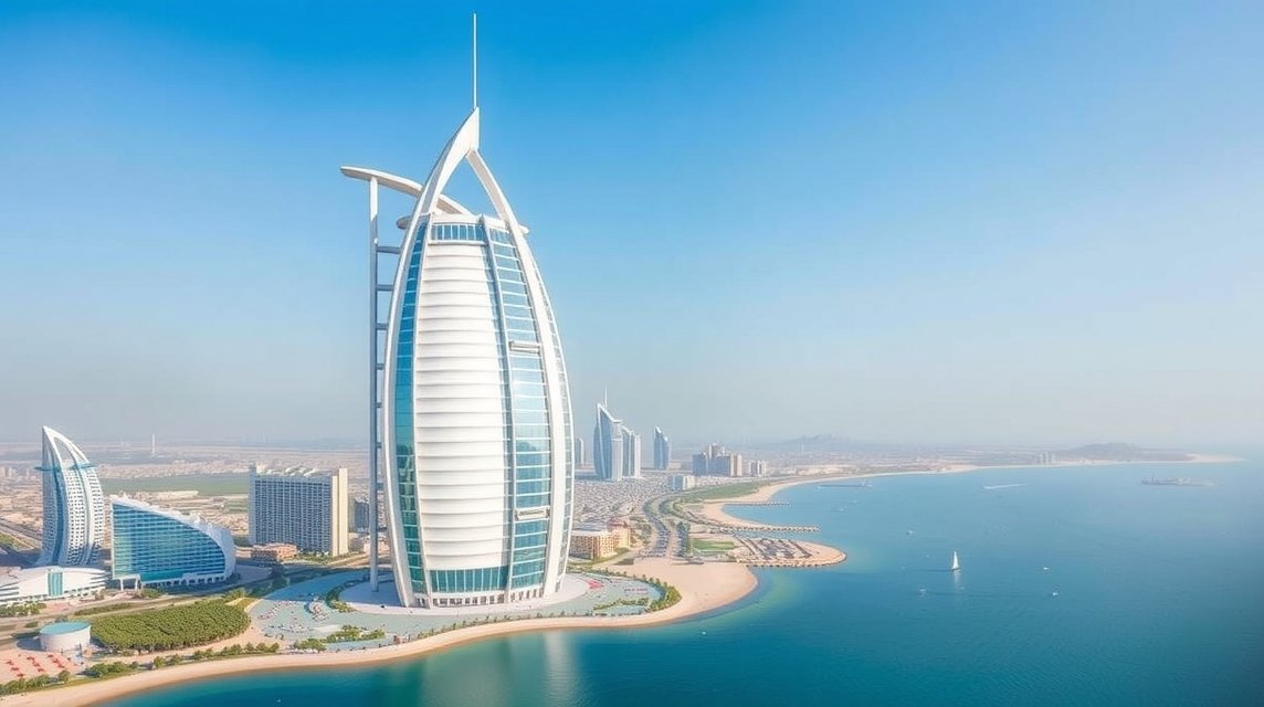A Burj Al Arab, Dubai hétcsillagos szállodája a tengerparton.