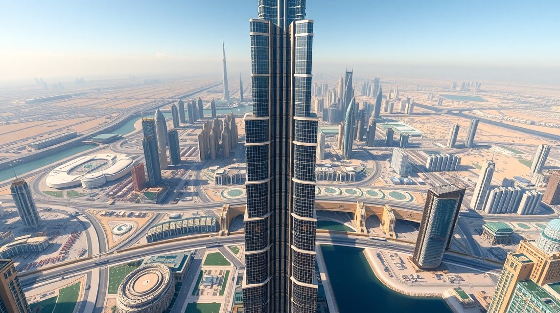 Kilátás a Burj Khalifáról, Dubai városközpontjára.